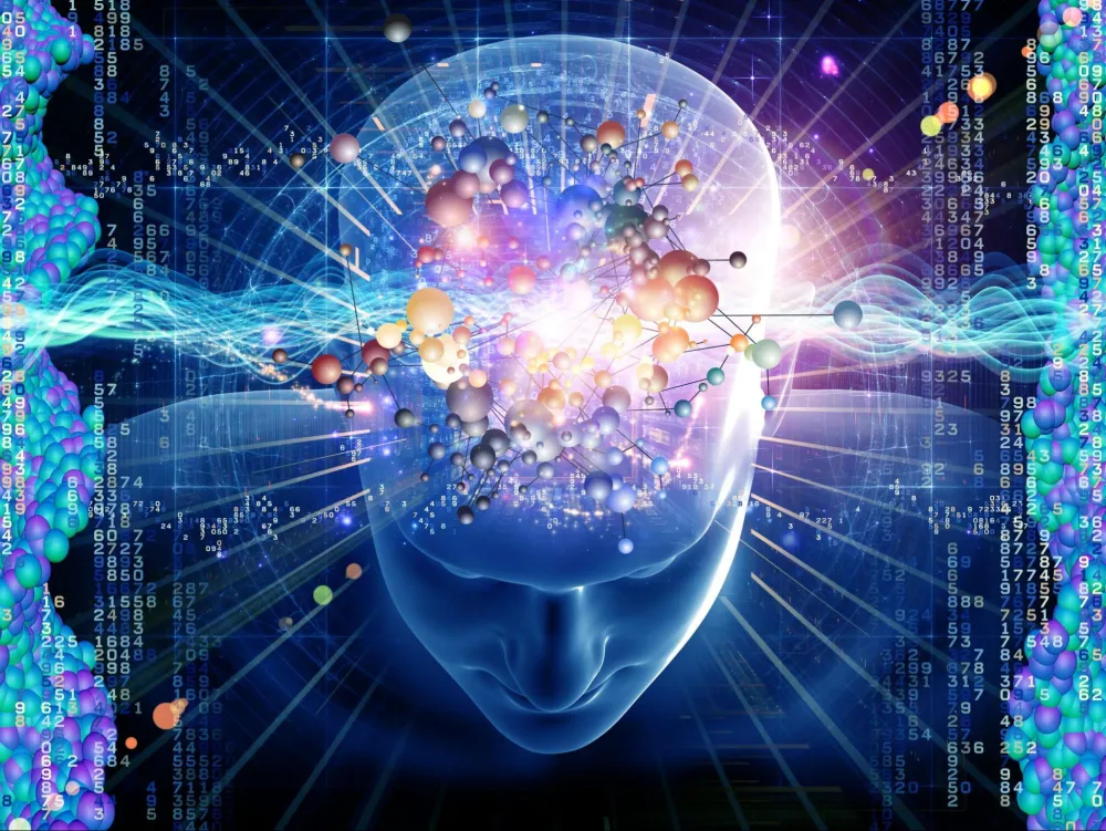 Visage lumineux entouré d’ondes et de vibrations colorées