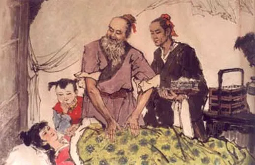 Illustration ancienne d’un médecin chinois soignant un patient